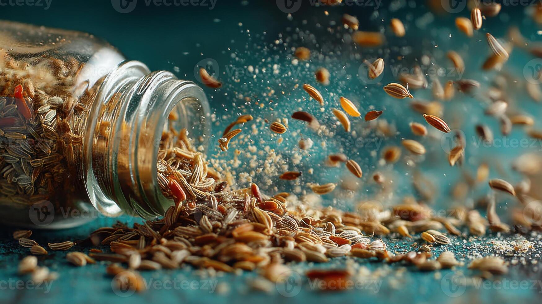 Spice explosion with cumin seeds scattering from a glass jar in motion photo