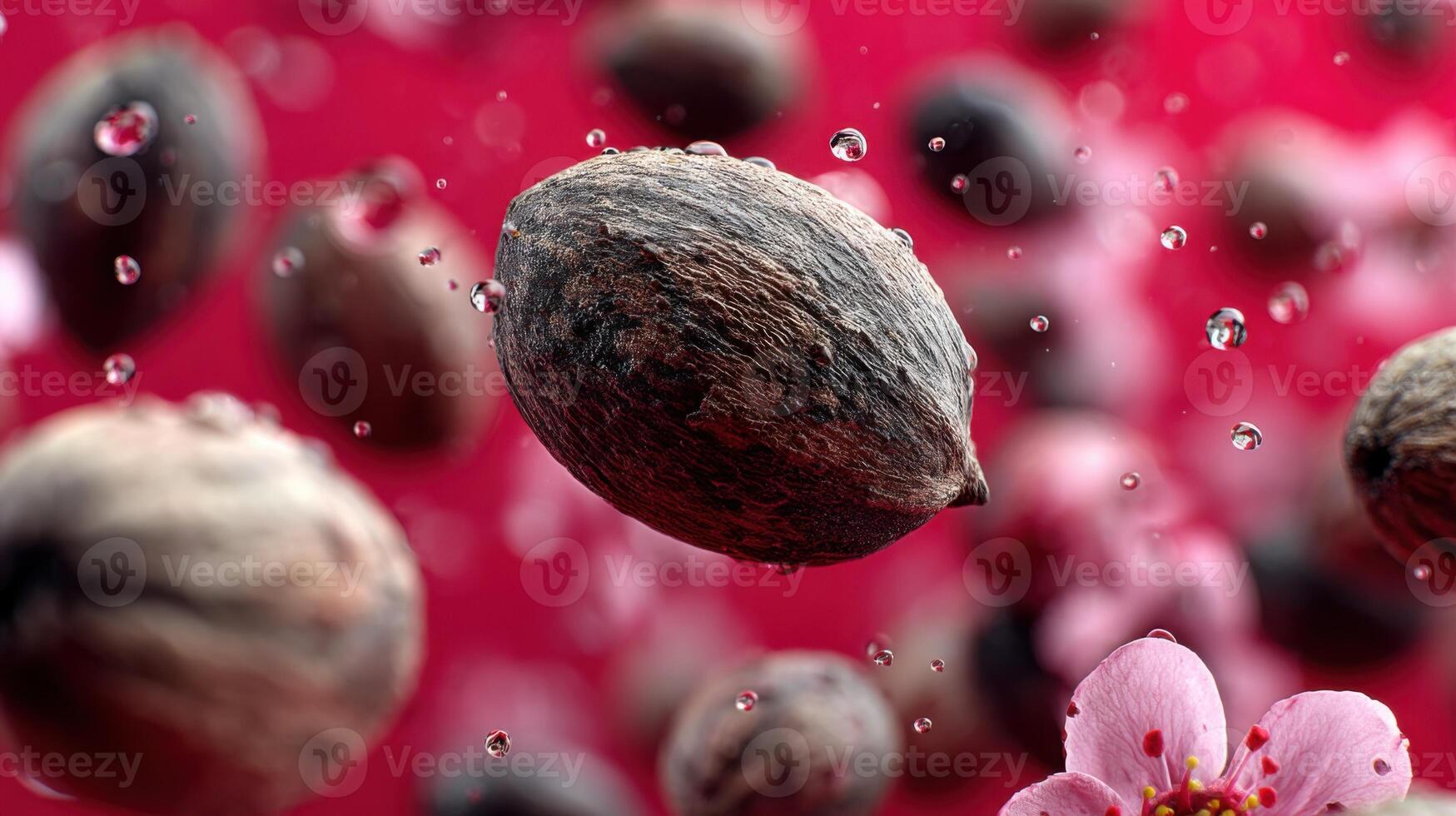 Shea nuts and pink blossoms in water drops in a beautiful close up shot photo