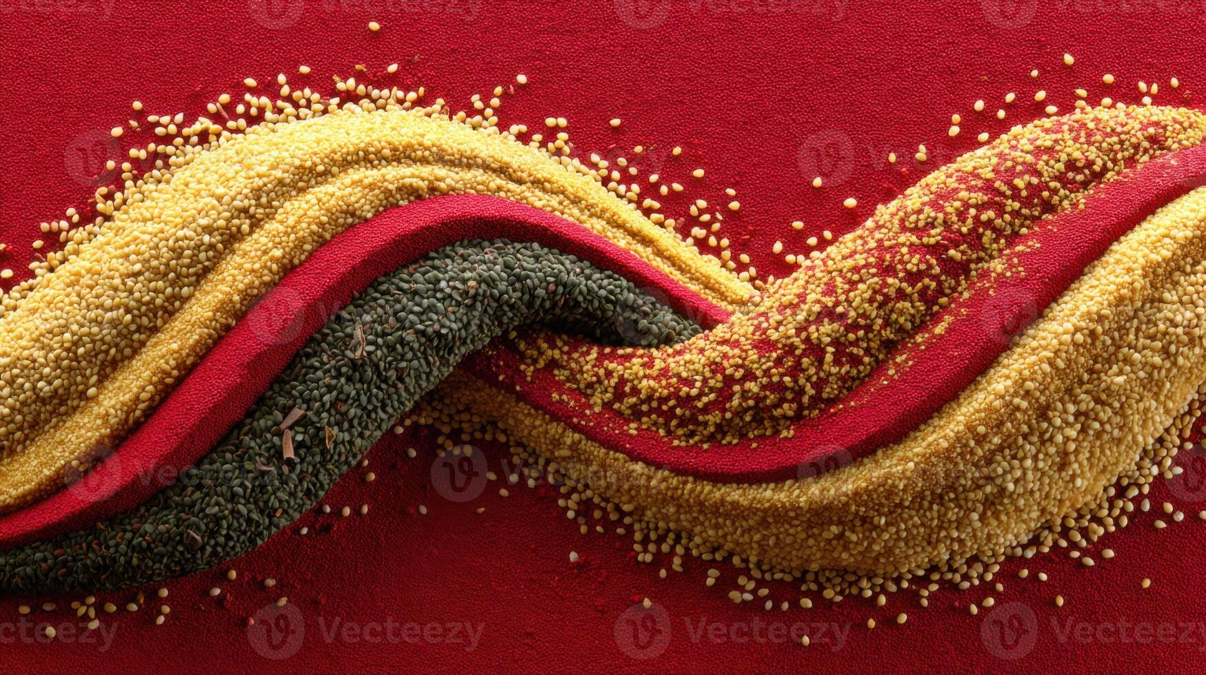 Sesame Seeds Arrangement on Red Fabric Background Creates Abstract Design photo