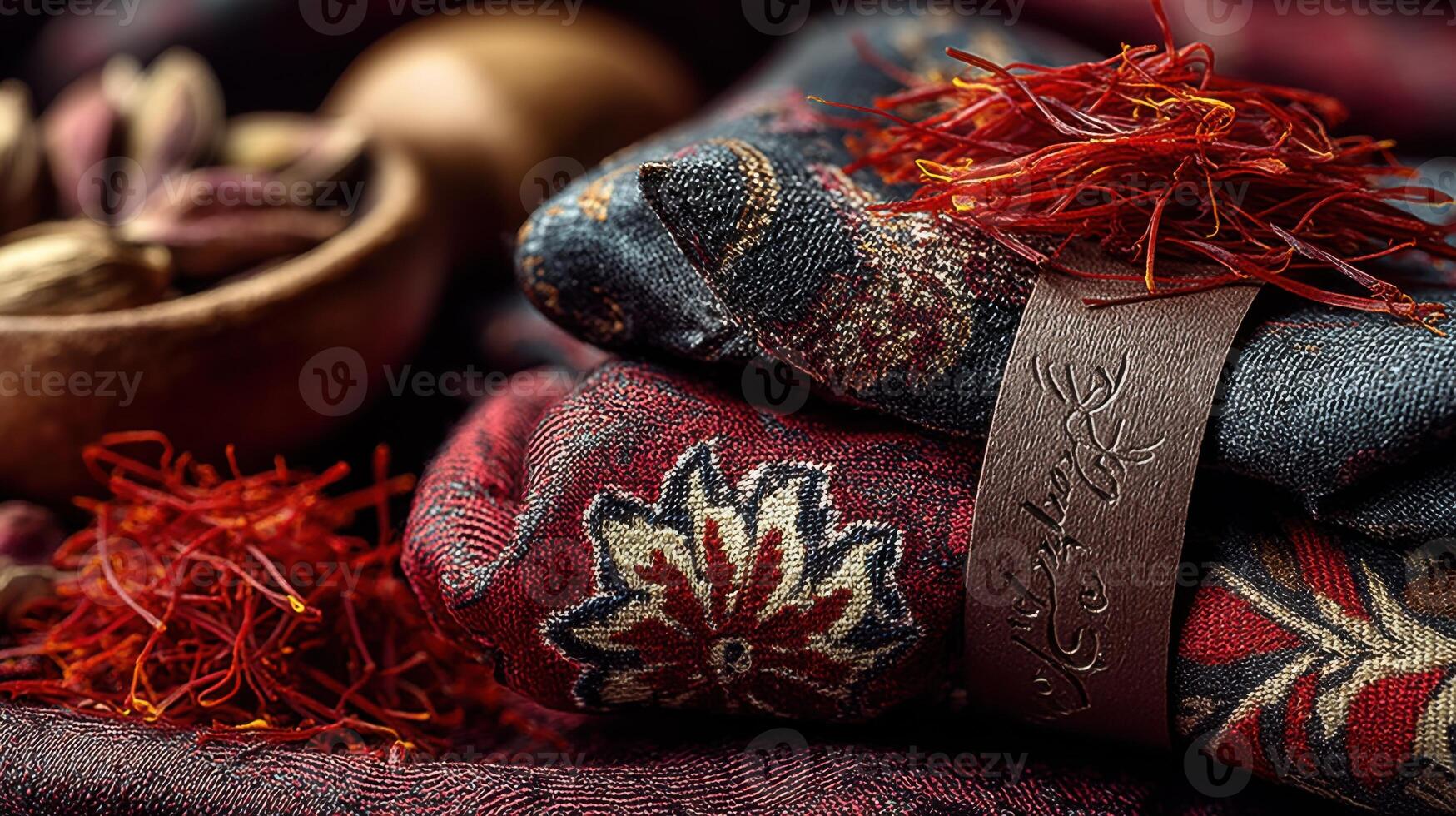 Saffron threads on patterned fabrics with wooden bowl and leather wrap photo