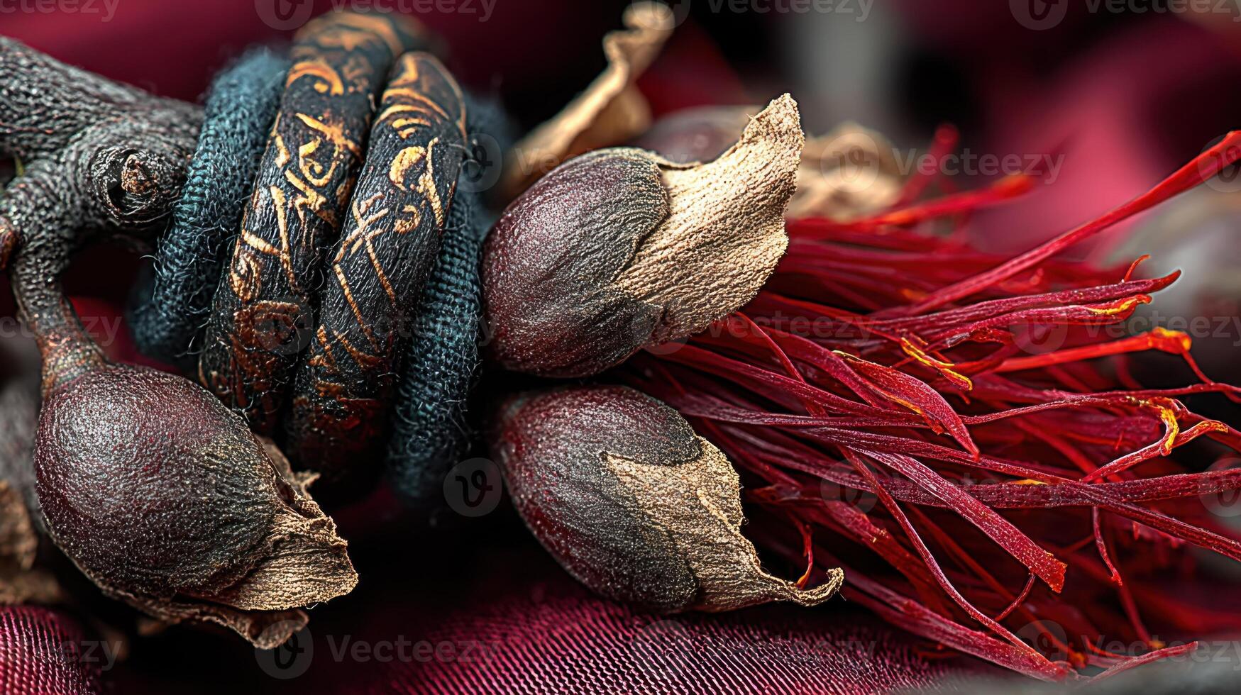 Saffron threads close up with botanical elements and ancient textiles photo