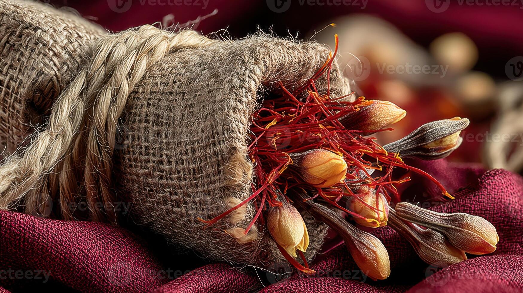 Saffron spice threads and buds spilling from a burlap sack on red fabric photo