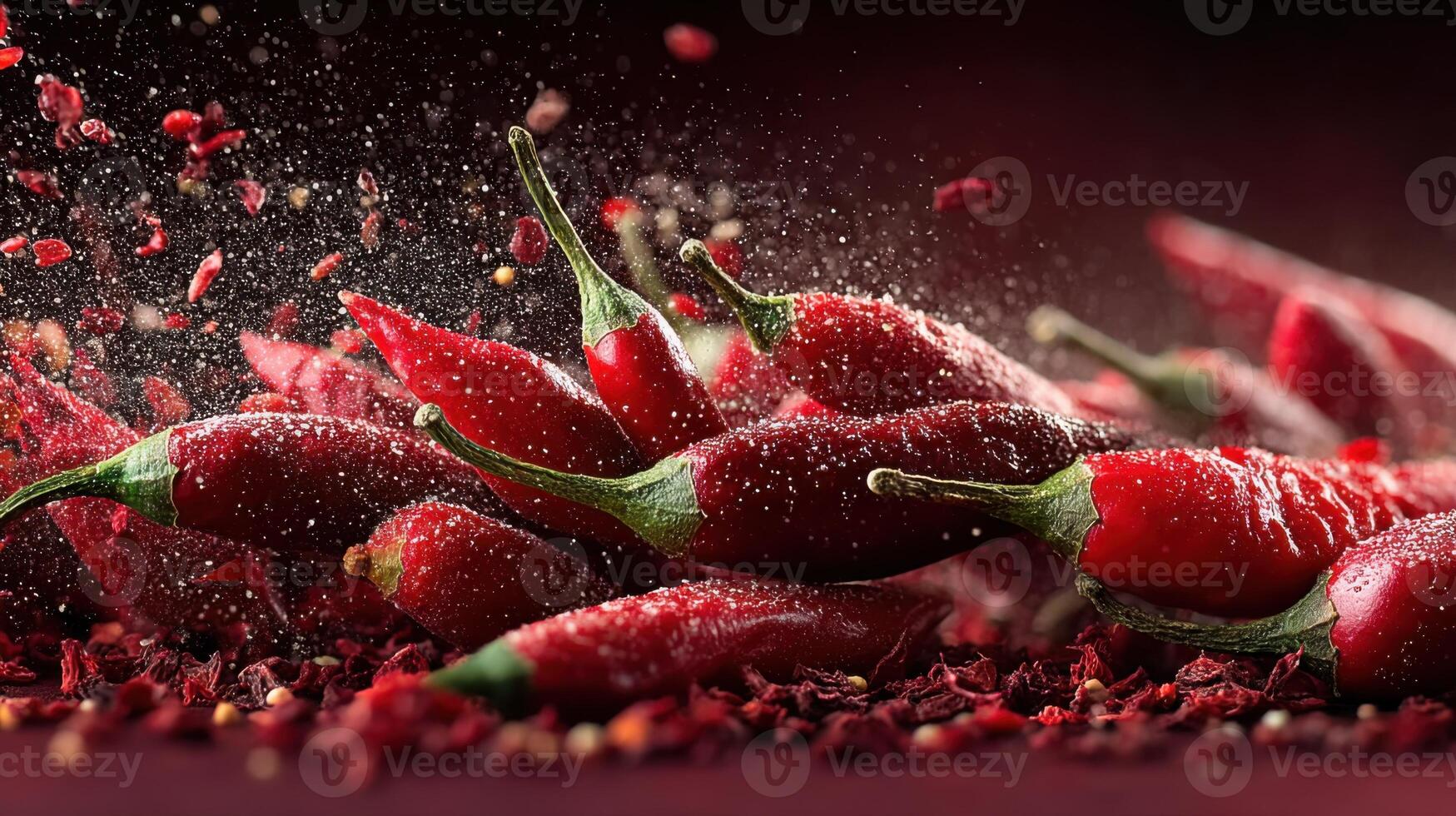 Red chili peppers with spices and herbs creating culinary background photo