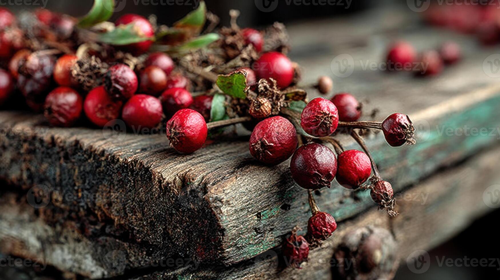 Red berries on rustic wood create a sense of natural autumn abundance photo
