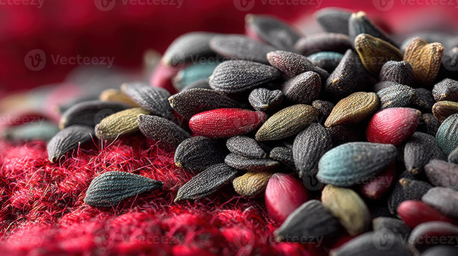 Pile of colorful seeds on red fabric texture close up artistic detail photo