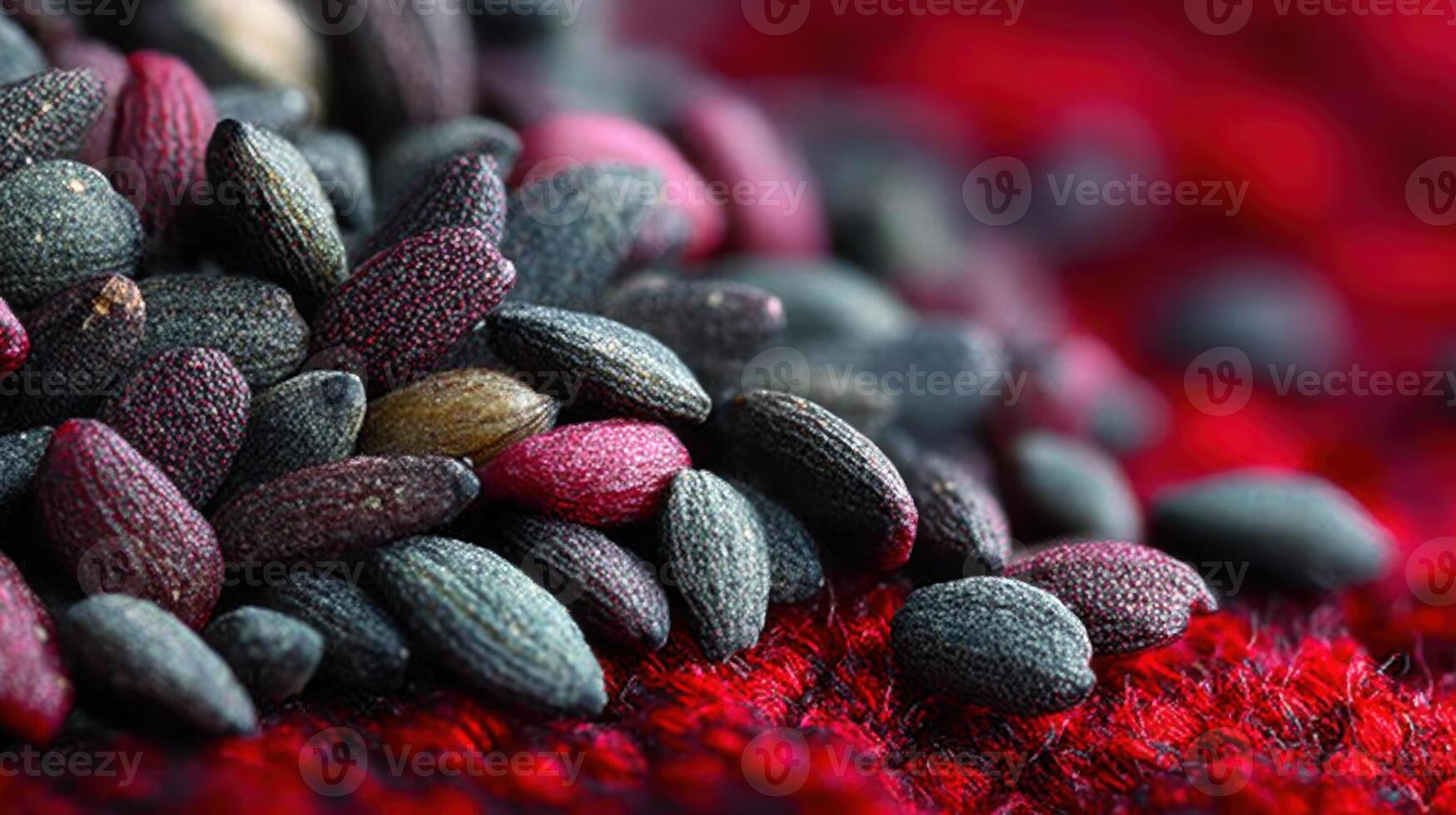 Pile of colorful sesame seeds on a vibrant red textured surface close up photo