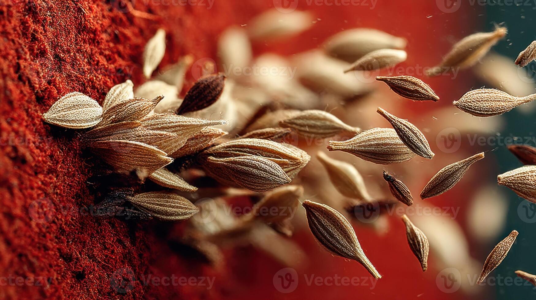 Macro shot showing a cluster of dill seeds on red surface and dispersal photo