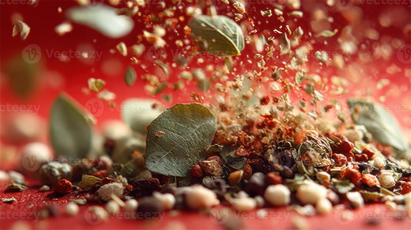 Herbs and spices explosion on a red background for culinary concepts photo