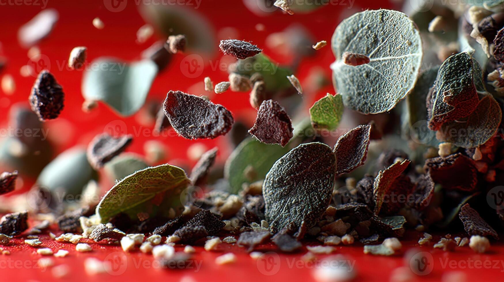 Herbs and Spices in Dynamic Motion Against a Vibrant Red Background photo