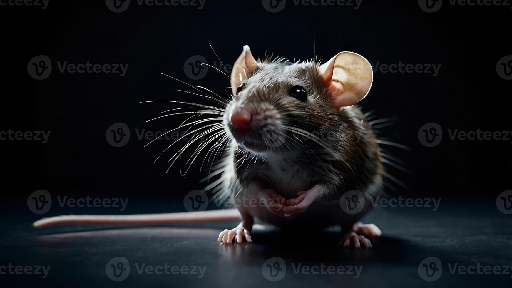 A charming and detailed close-up portrait of a curious mouse in a studio photo