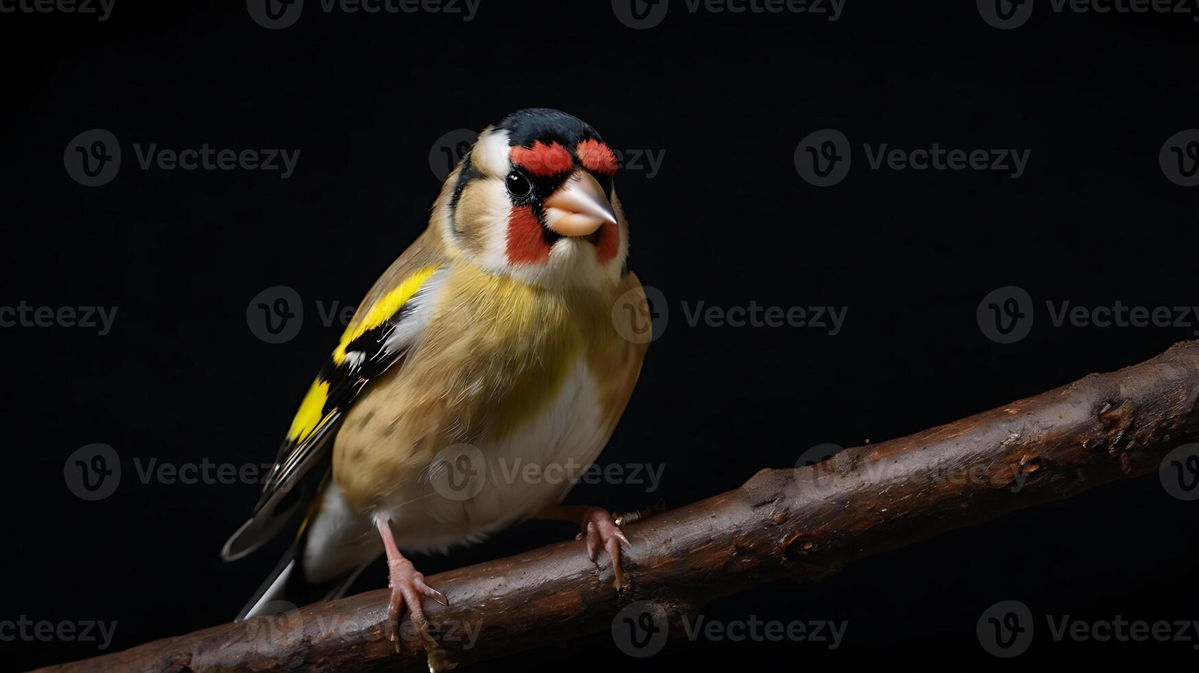 A stunning European goldfinch perched on a branch against a black background. photo