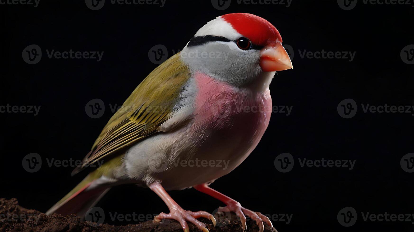 Close-up of a vibrant Red-headed Finch perched on a branch against a dark background photo