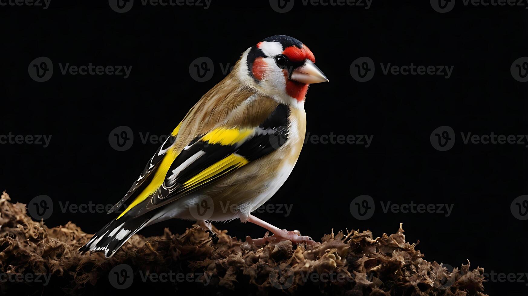 A vibrant European goldfinch bird perched on a textured surface against black photo