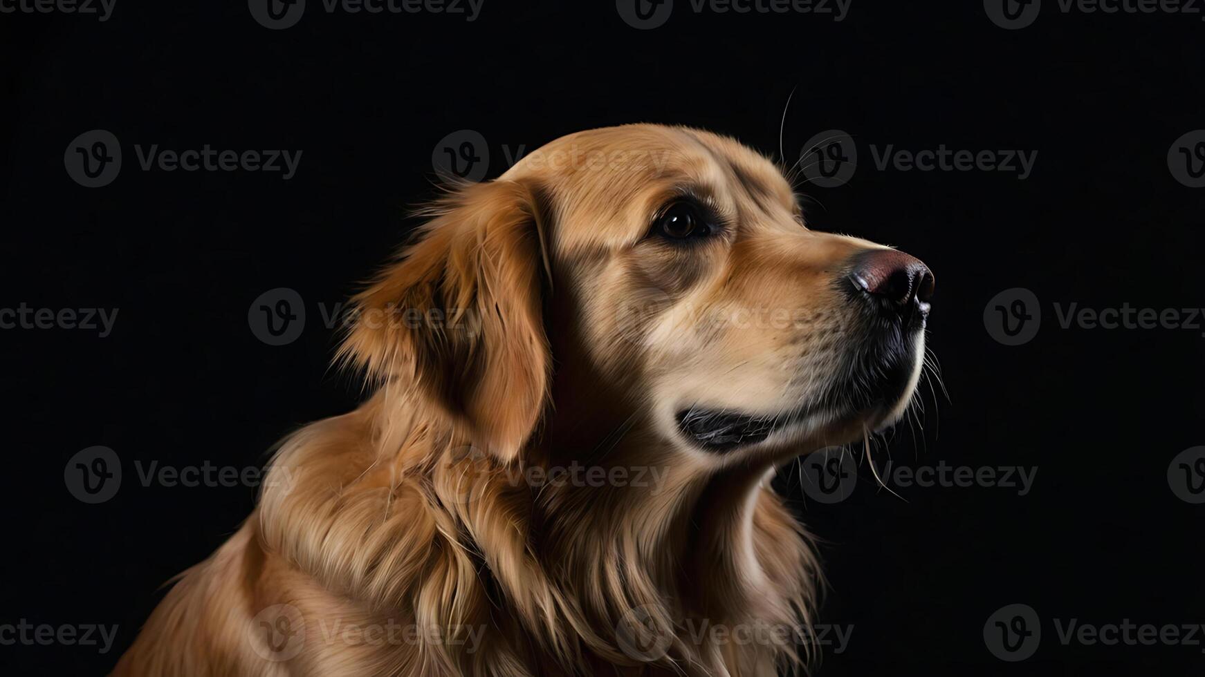 Portrait of a beautiful golden retriever dog against a dark, elegant background. photo