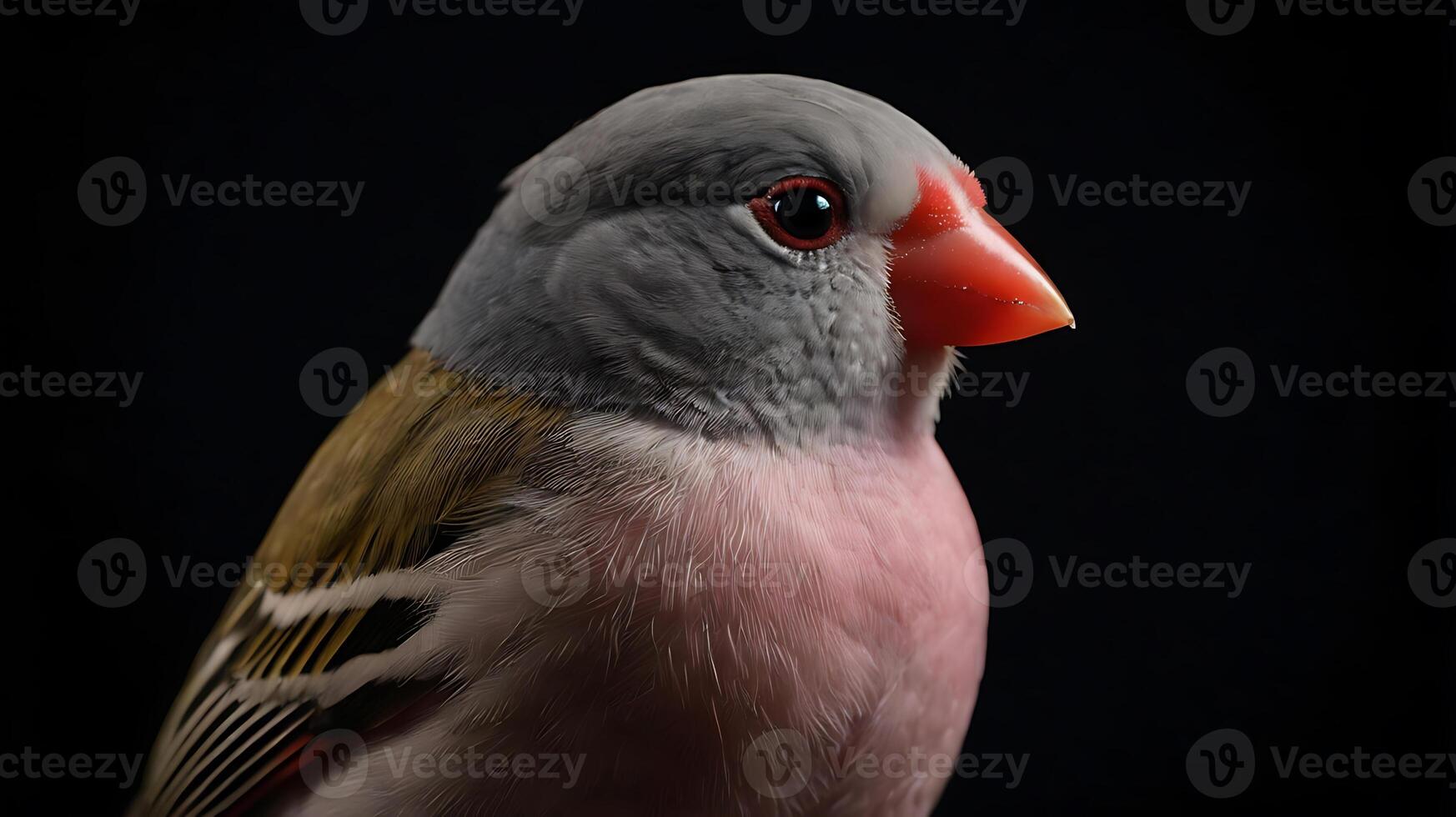 Close-up of a beautiful Java Sparrow bird with vibrant colors and a dark background photo