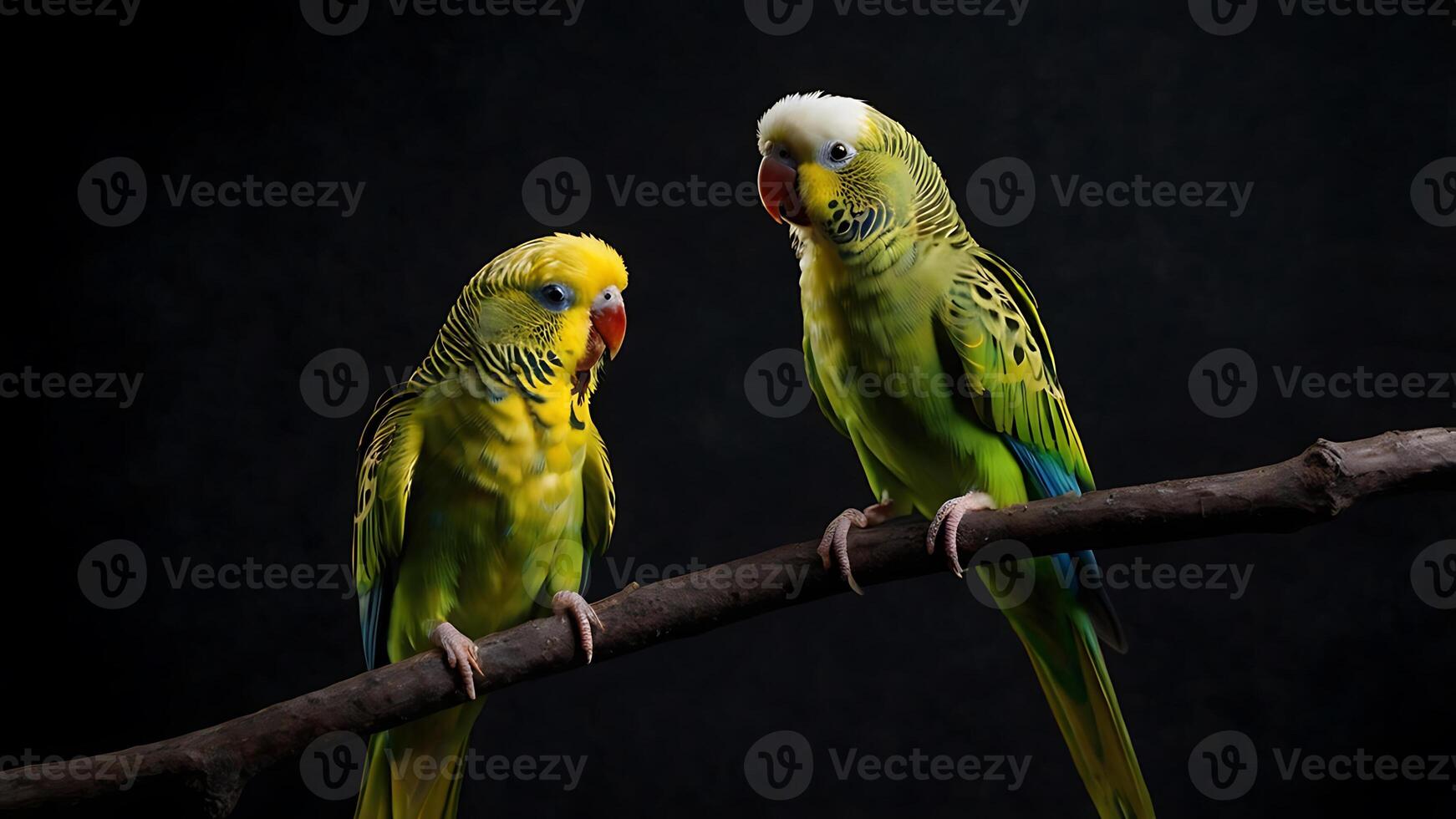 Two vibrant green and yellow budgerigars perched on a branch against a dark backdrop photo