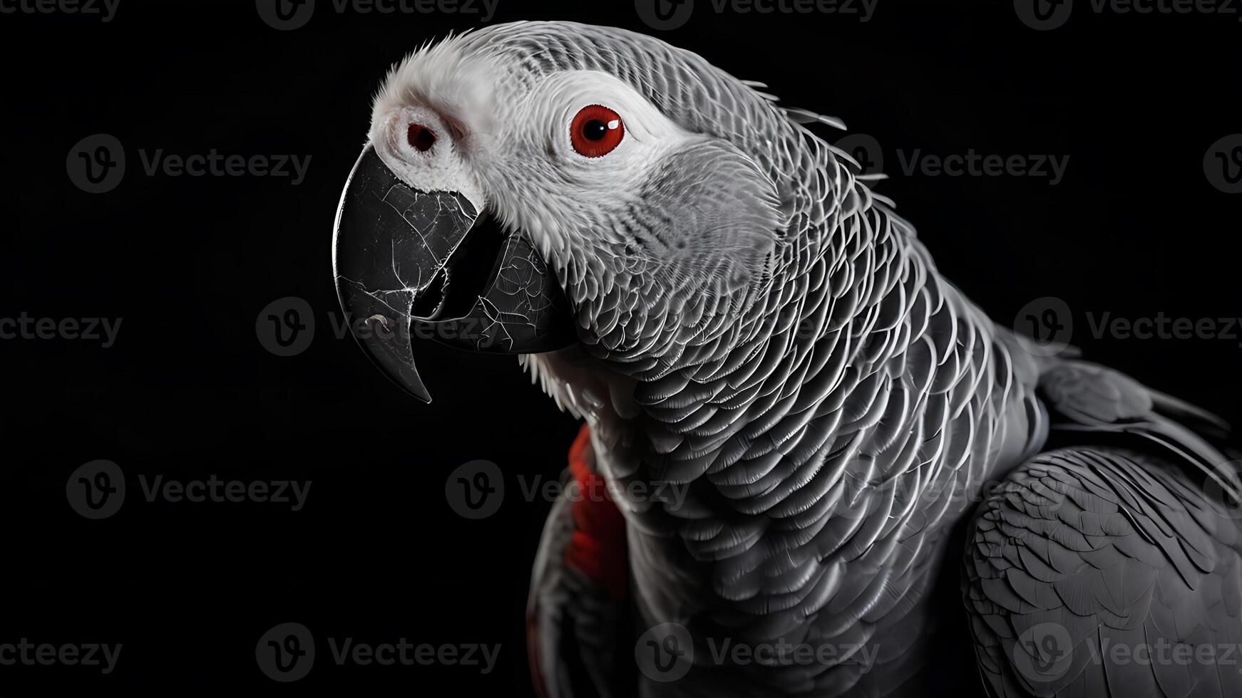 Stunning studio portrait of an African Grey parrot against a black background photo