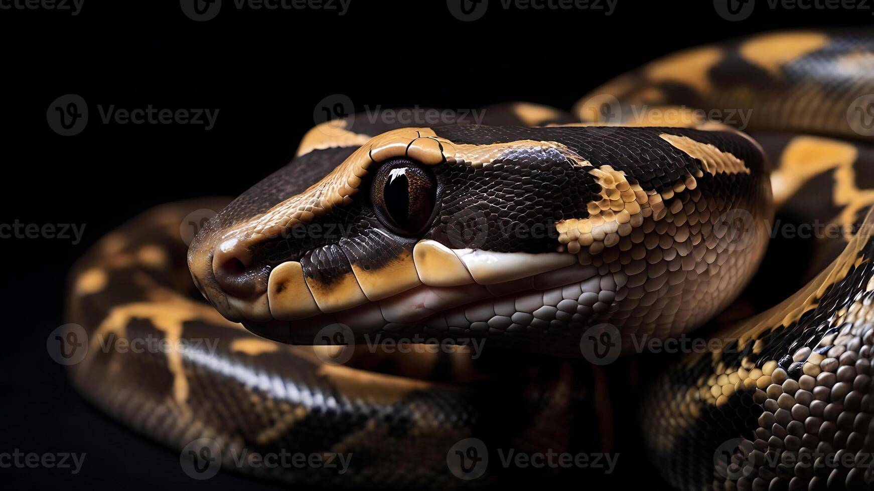 Close up portrait of a beautiful ball python snake on a dark background. photo