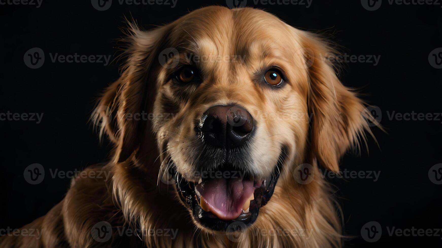 Close-up portrait of a happy Golden Retriever dog with a dark background. photo