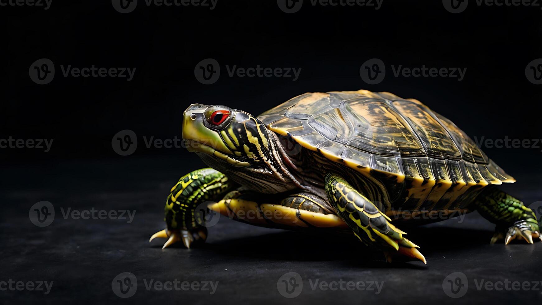 Close-up of a vibrant red-eared slider turtle on a dark, textured surface photo