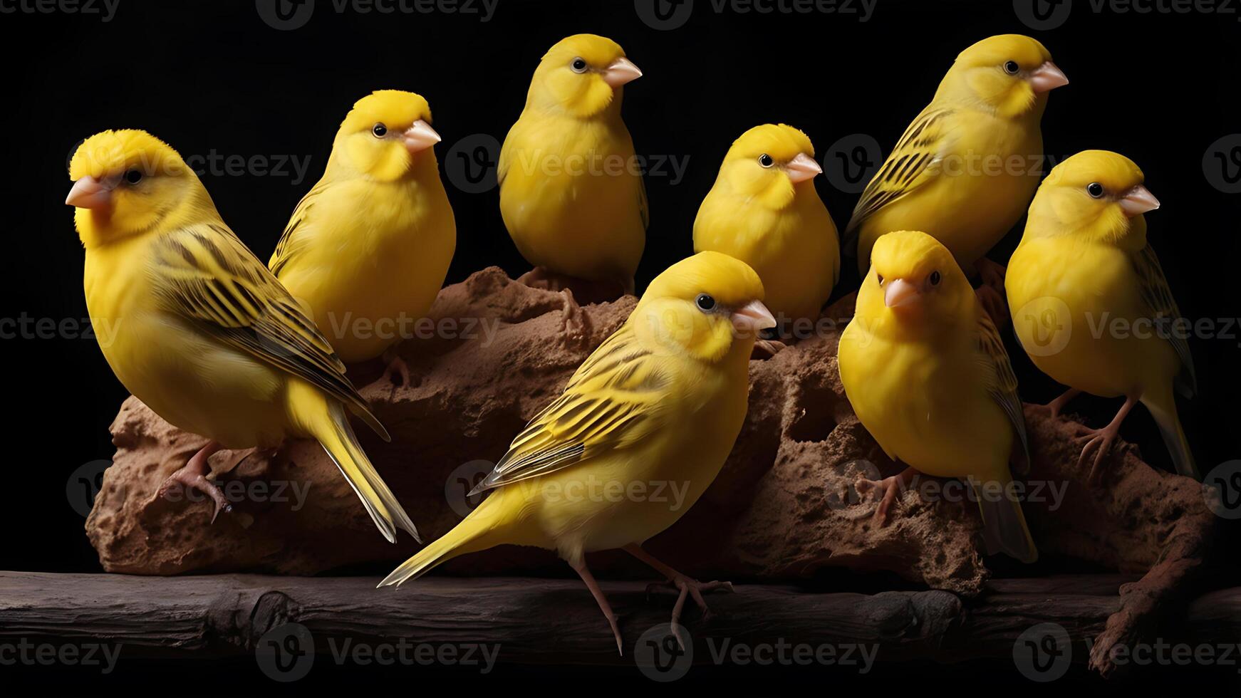 A group of vibrant yellow canaries perched on a branch against a dark backdrop photo