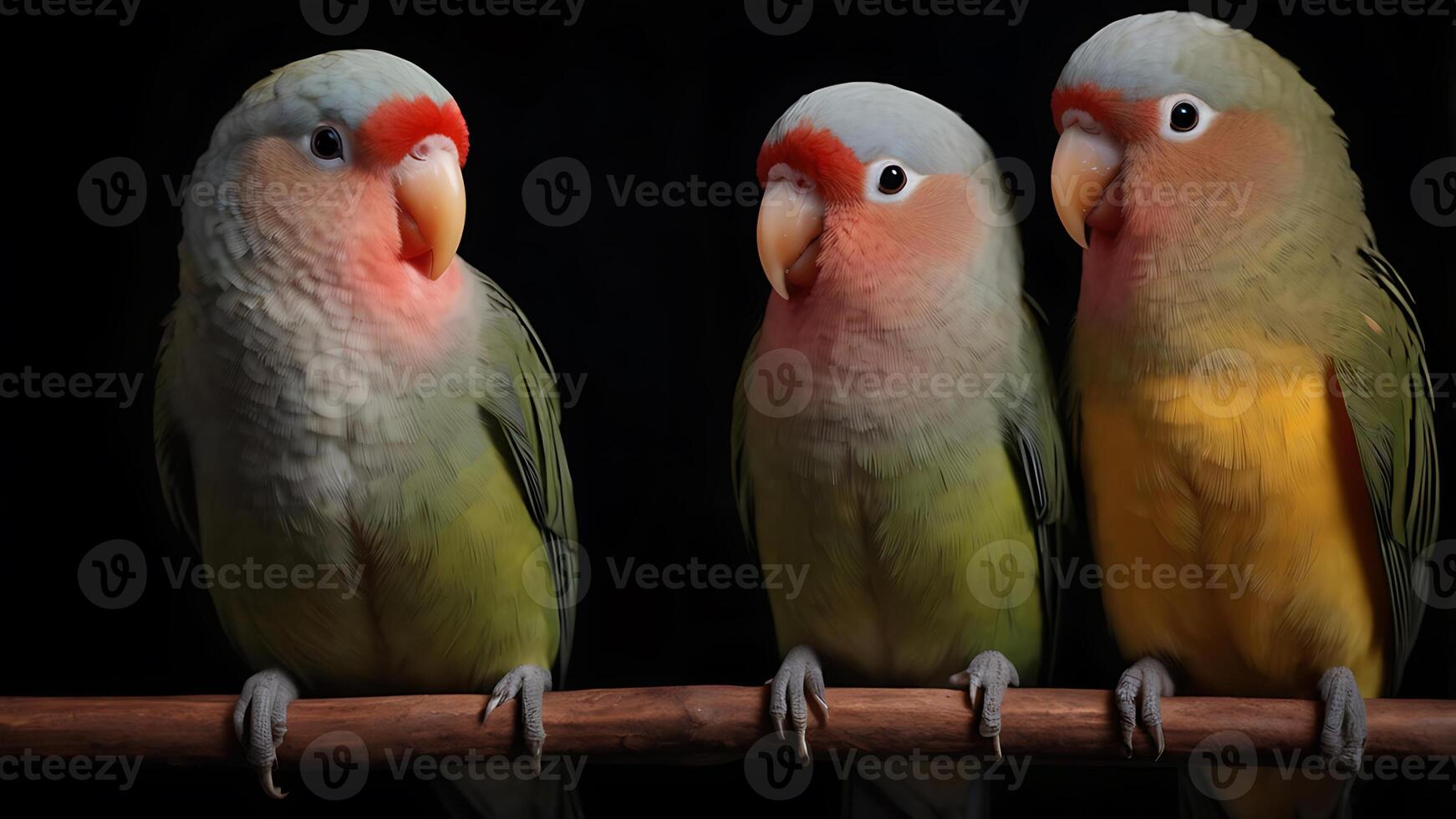 Three beautiful peach-faced lovebirds perched on a branch against a black background photo
