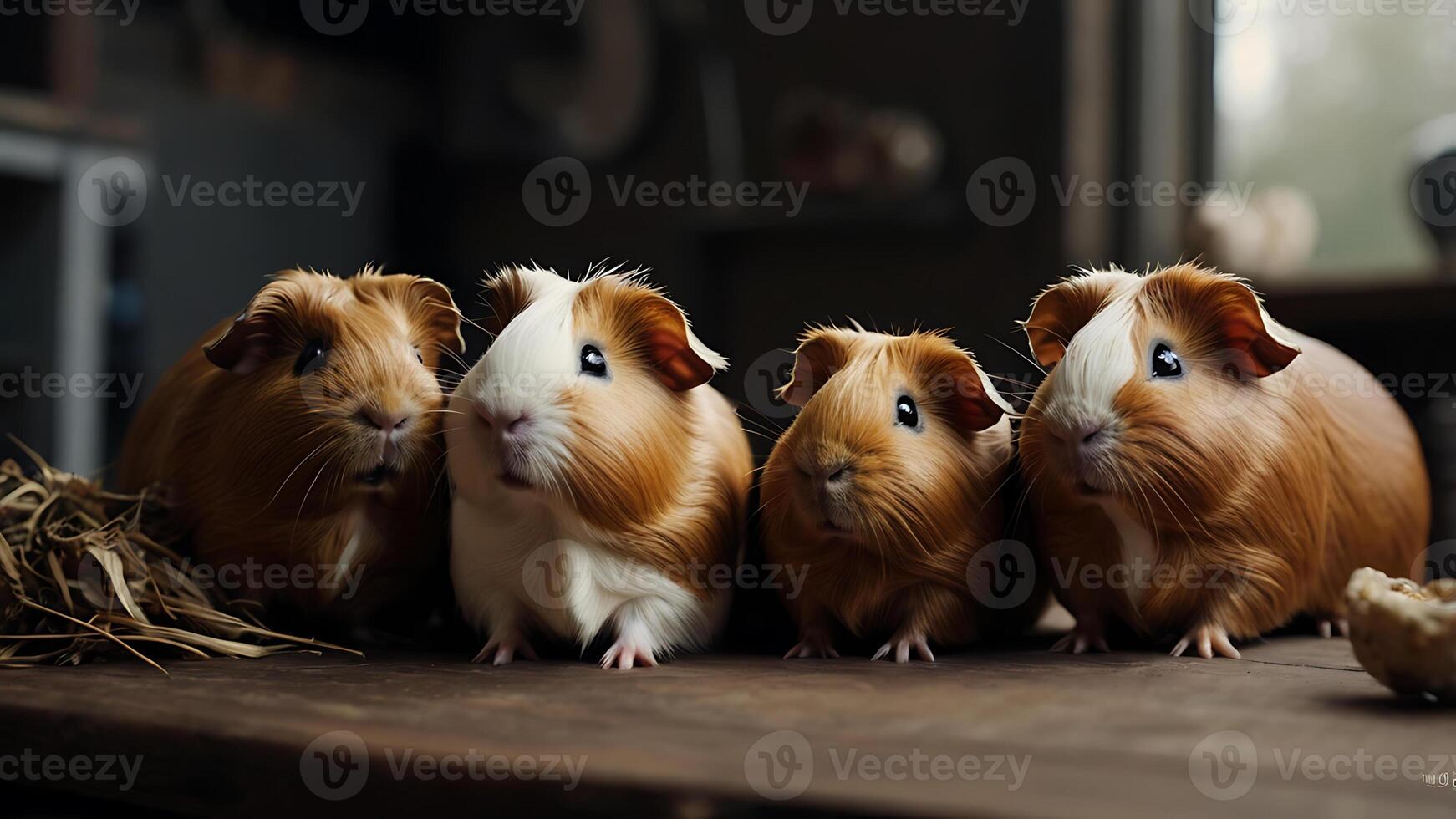 Adorable guinea pigs in a row, looking curious on a wooden surface indoors. photo