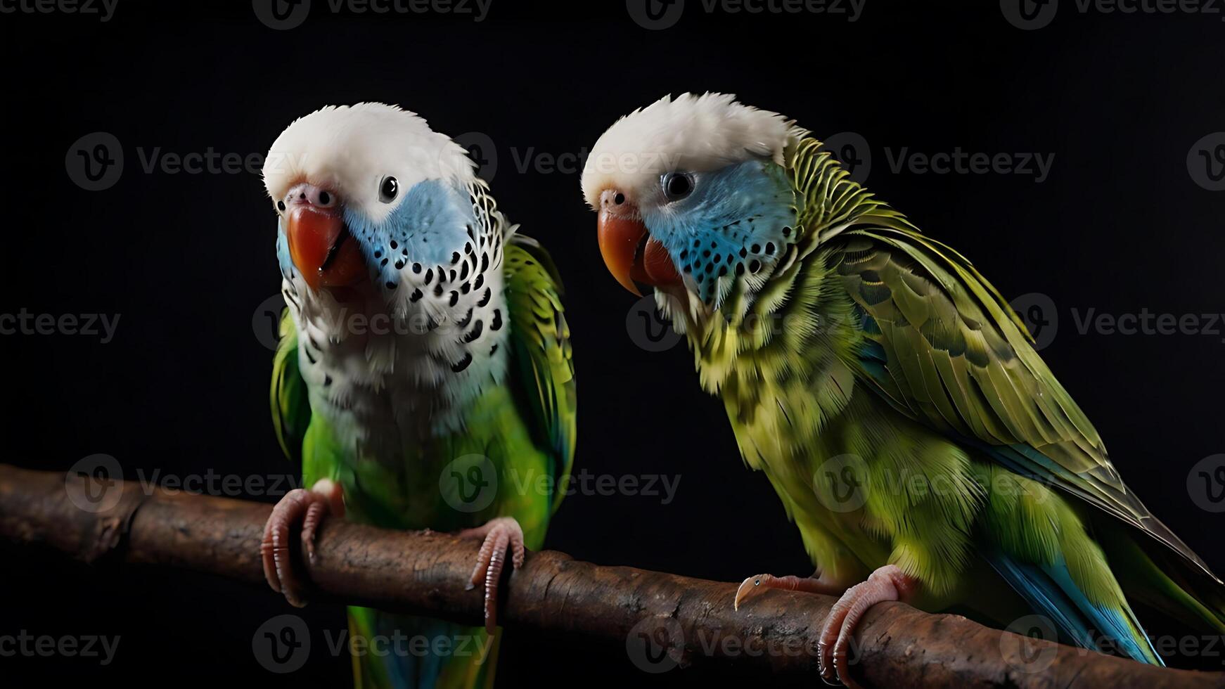 Two vibrant green and blue parrots perched on a branch against a dark background photo