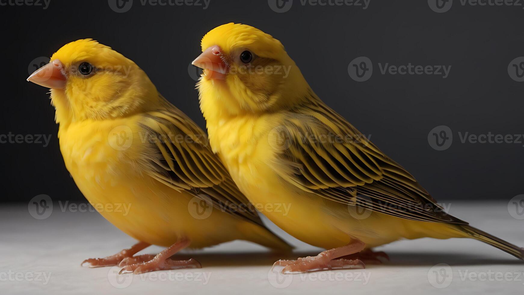 Two vibrant yellow canaries perched together against a dark gray background photo