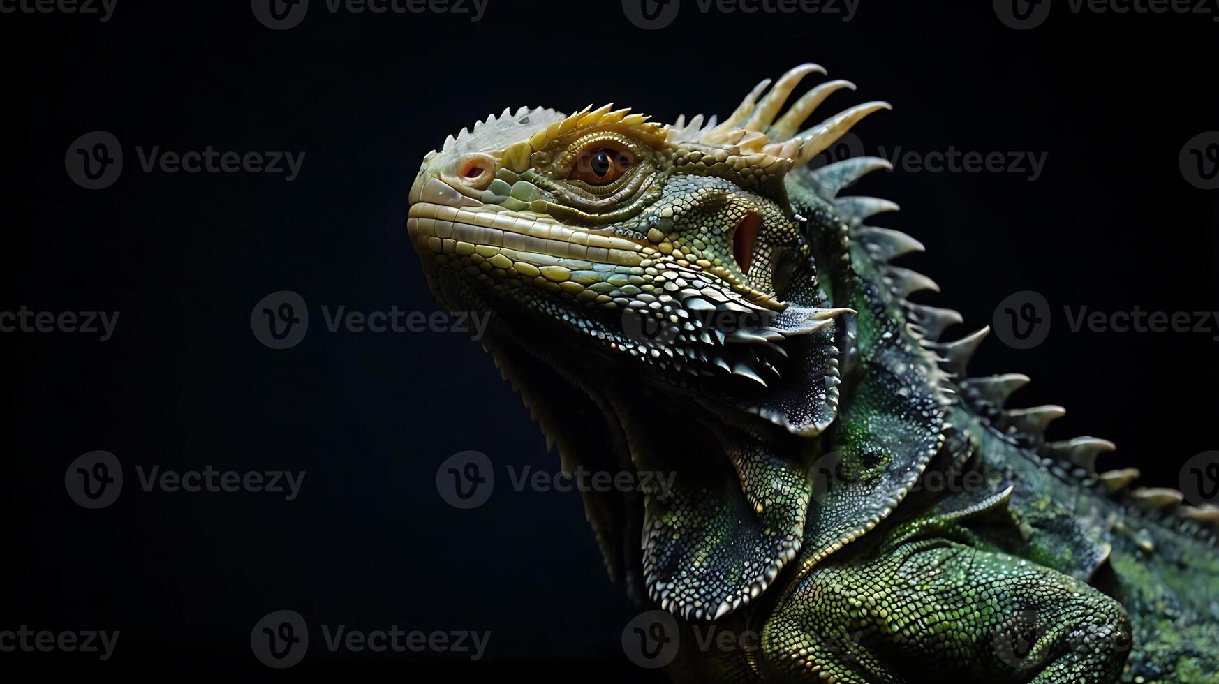 Close-up of a regal iguana with striking green and yellow skin against a dark background photo