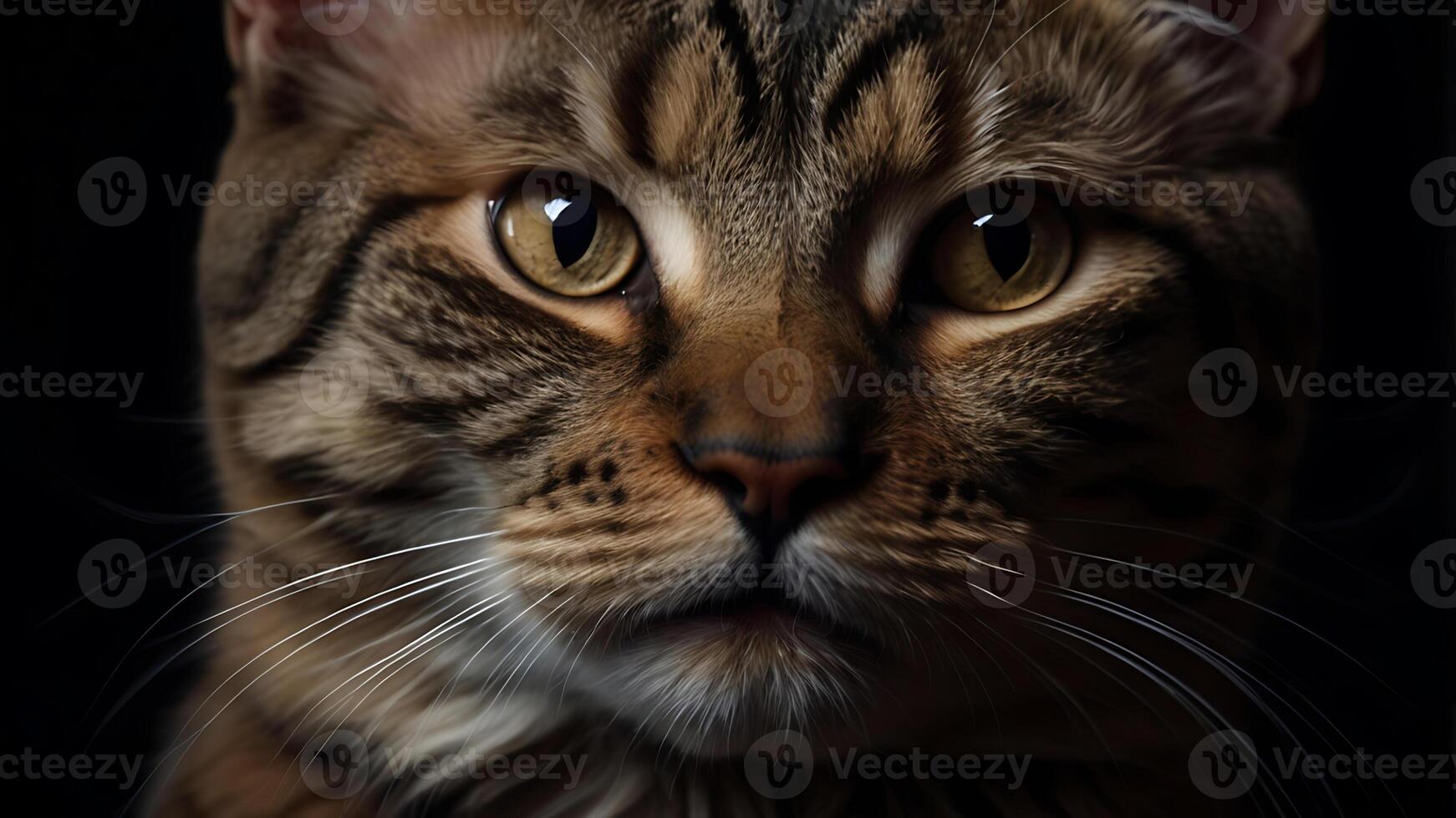 Close-up of a beautiful tabby cat face with striking eyes and whiskers photo