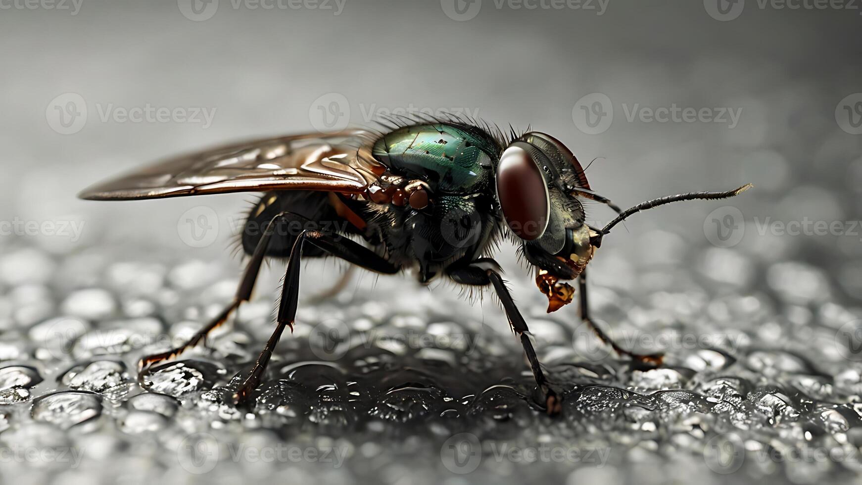 Macro shot of a vibrant green-eyed fly perched on a surface with water droplets photo