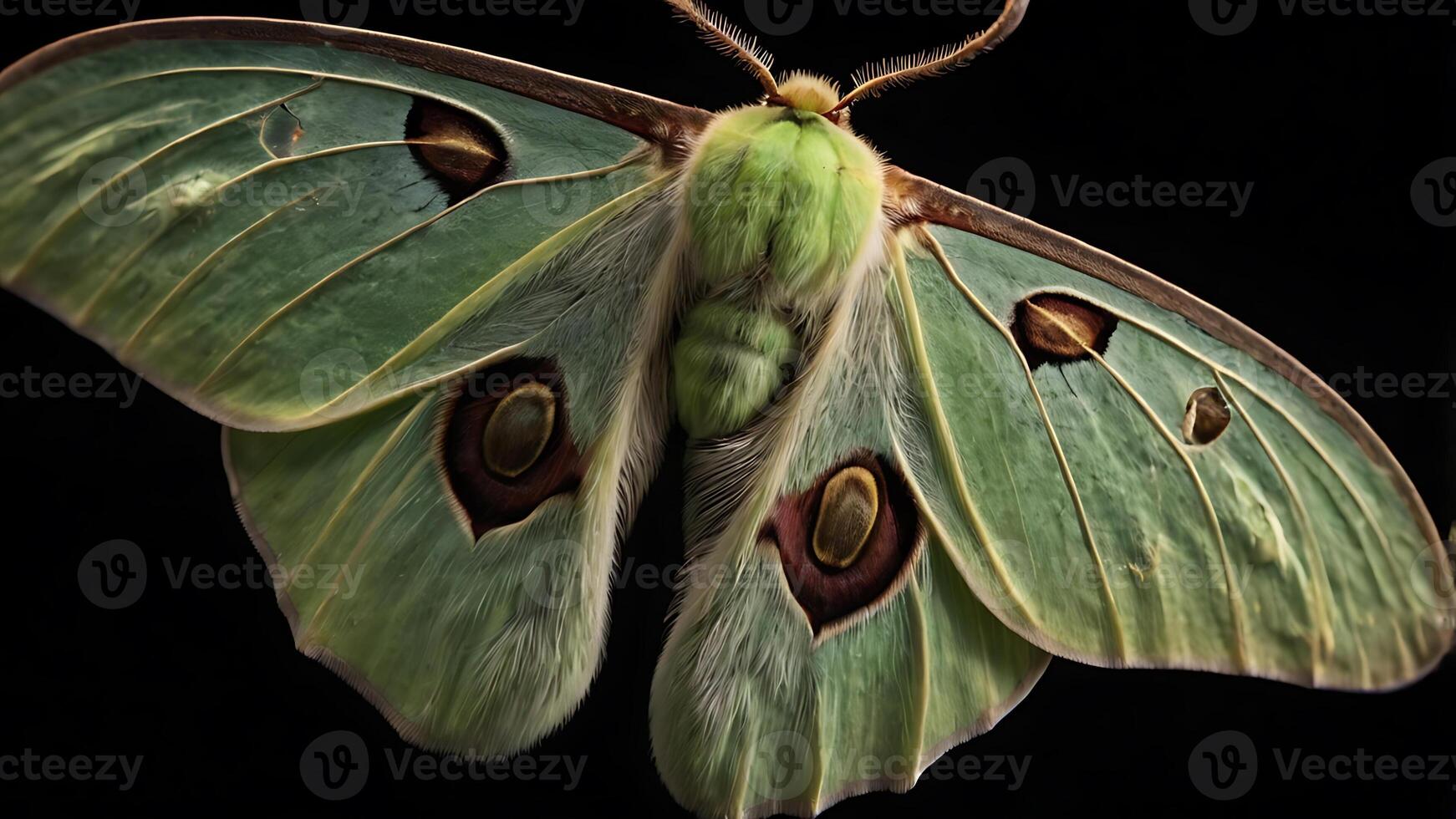 Stunning macro shot of a vibrant green Luna moth with detailed wing patterns photo