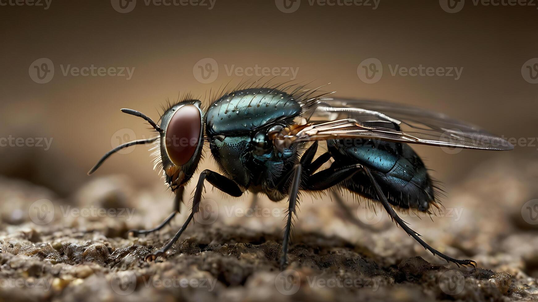 Macro shot of a vibrant green bottle fly resting on a textured surface photo