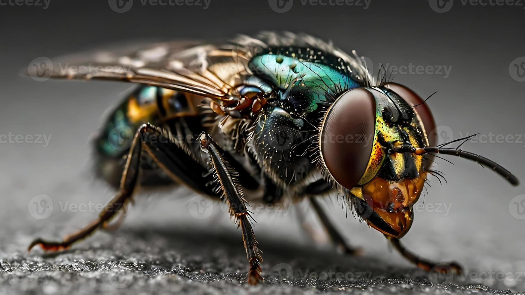 Stunning macro photograph of a vibrant green and gold fly with intricate details. photo