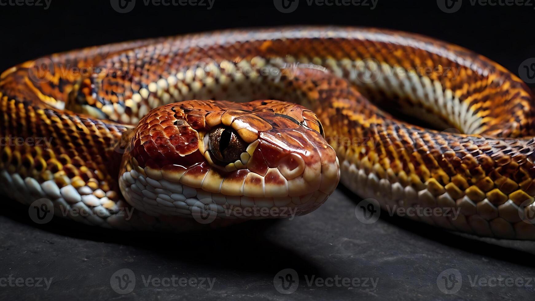 Stunning close-up portrait of a vibrant snake with intricate patterns on dark background photo