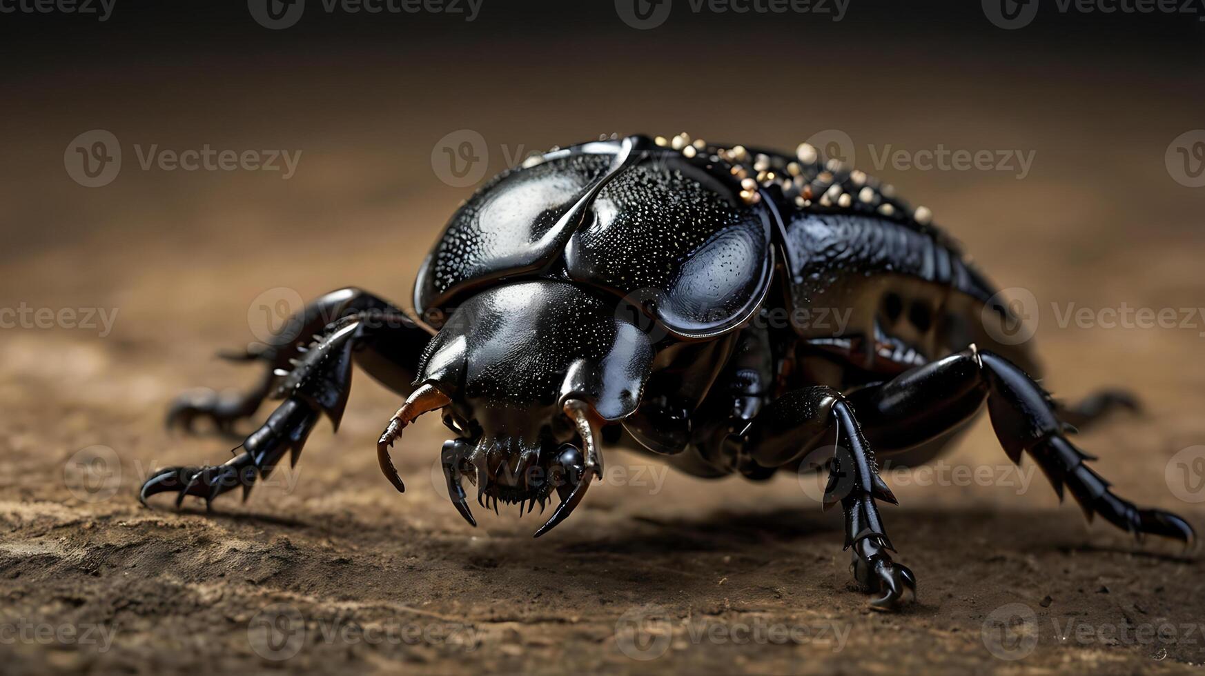 Close-up of a shiny black beetle on a textured brown surface in natural light photo