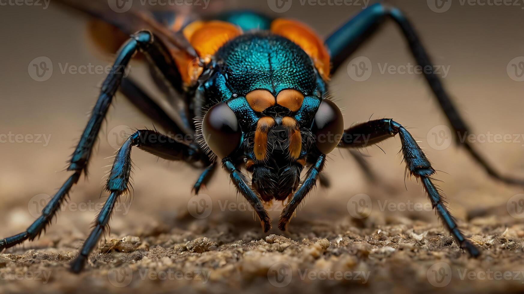 Stunning macro shot of a vibrant, iridescent jewel wasp with intricate details. photo