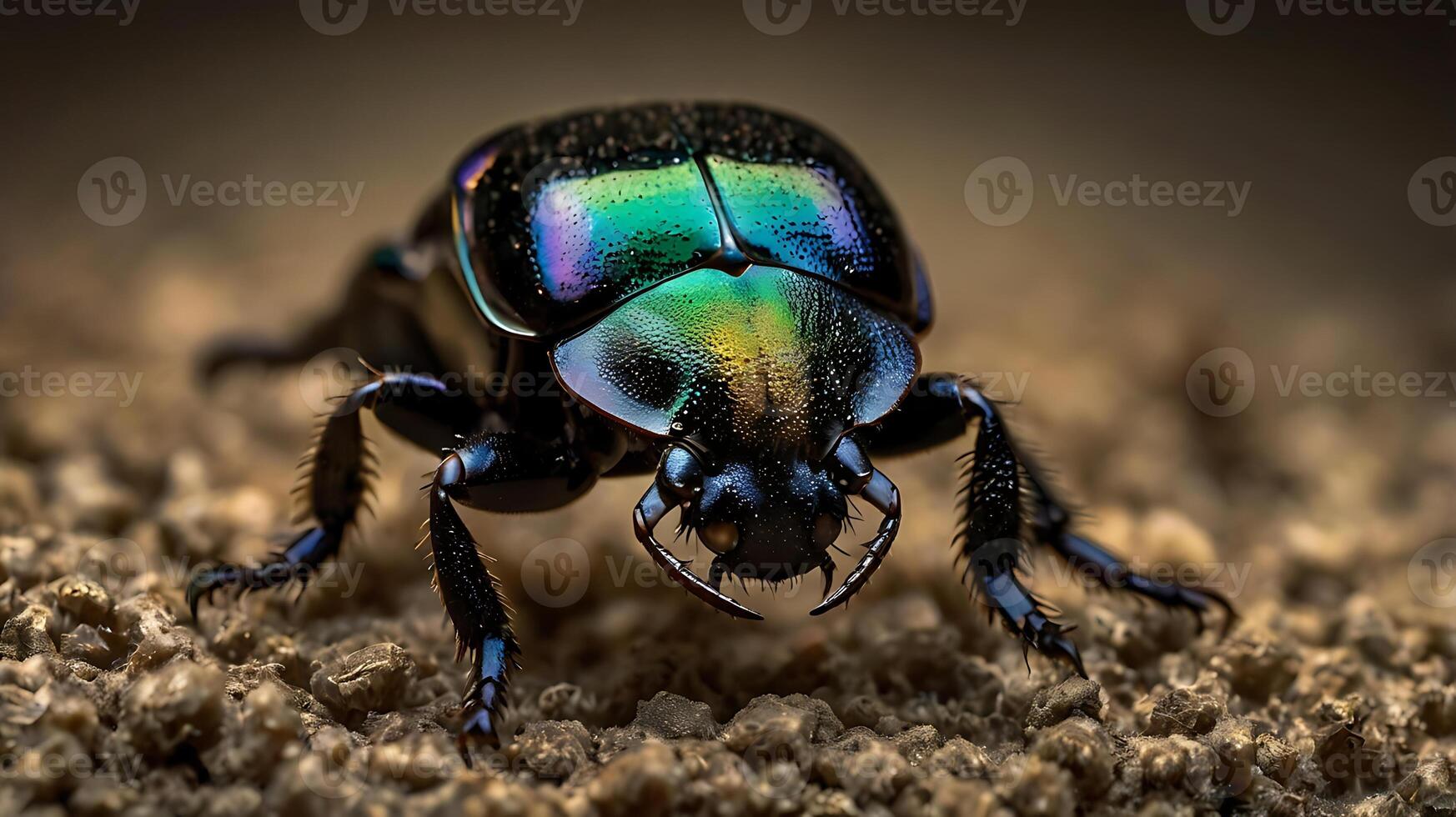 Stunning macro shot of a vibrant, iridescent beetle on a textured ground photo