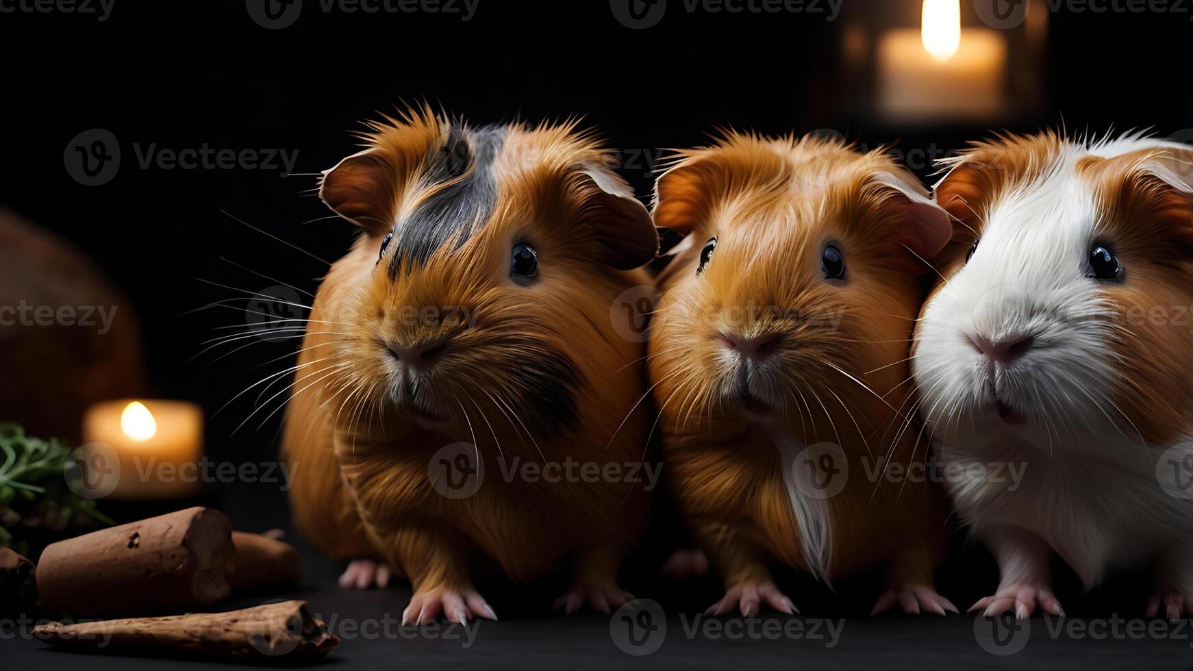 Three adorable guinea pigs with soft fur and curious eyes pose together indoors photo