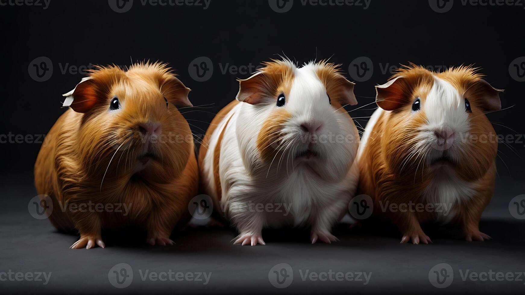 Three adorable guinea pigs posing together in a studio against a dark backdrop photo