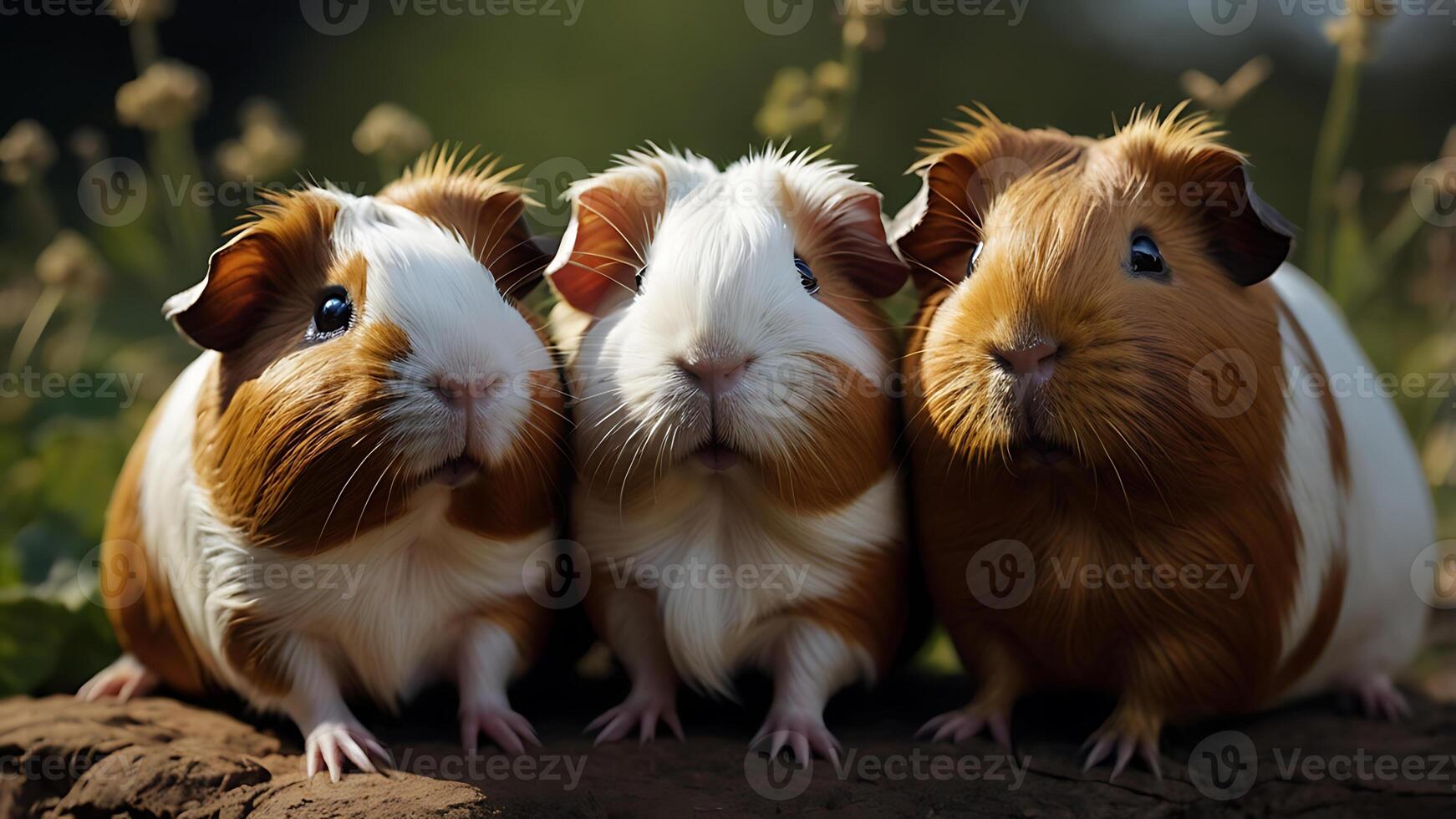 Three adorable guinea pigs posing together on a wooden surface outdoors photo