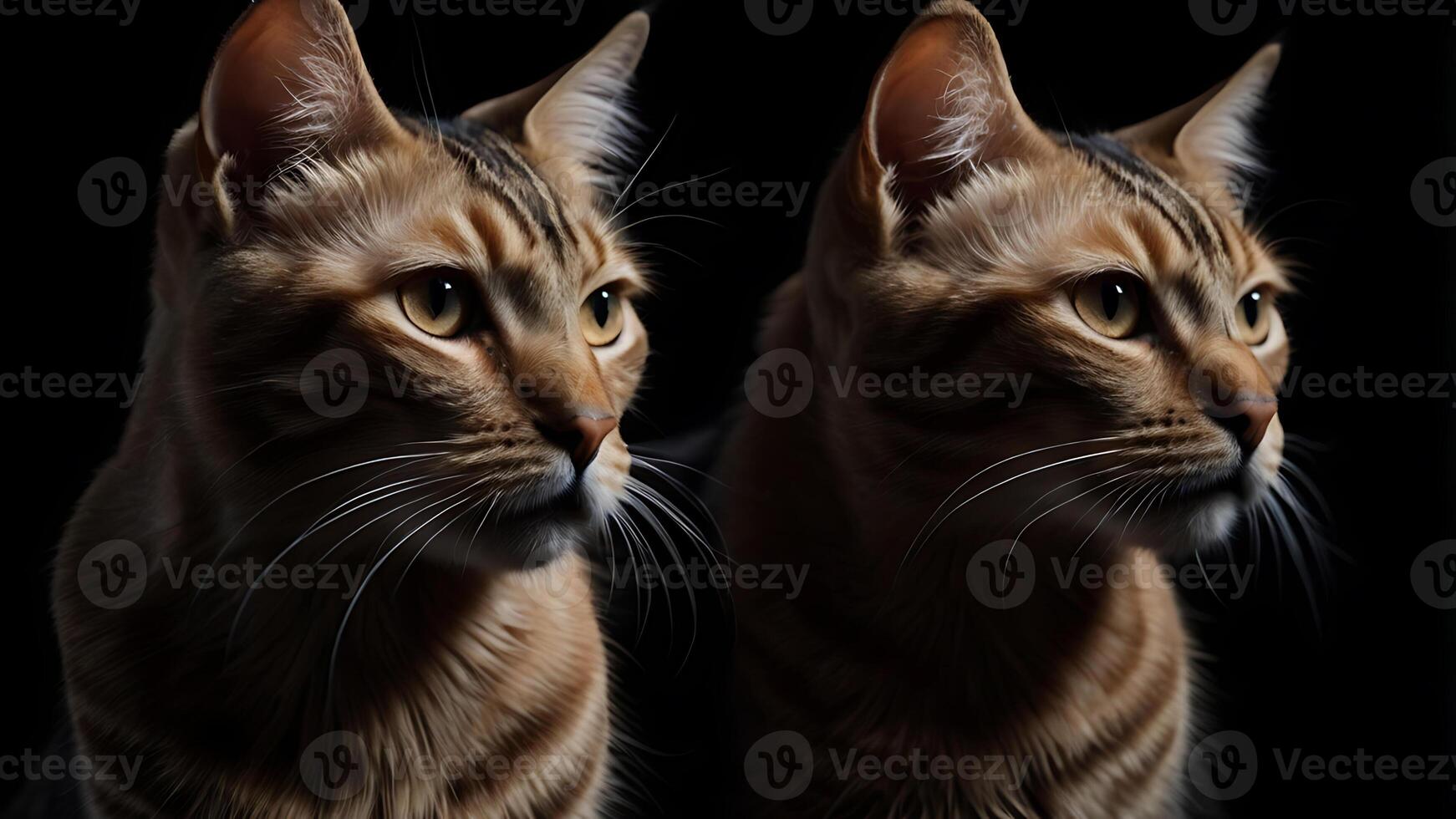 Two regal Bengal cats with striking golden eyes against a dark background photo