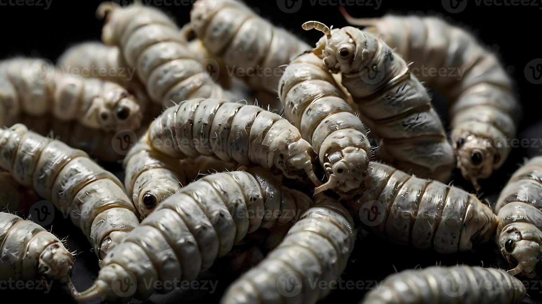 Close-up of silkworms crawling on a dark surface, focused details. photo