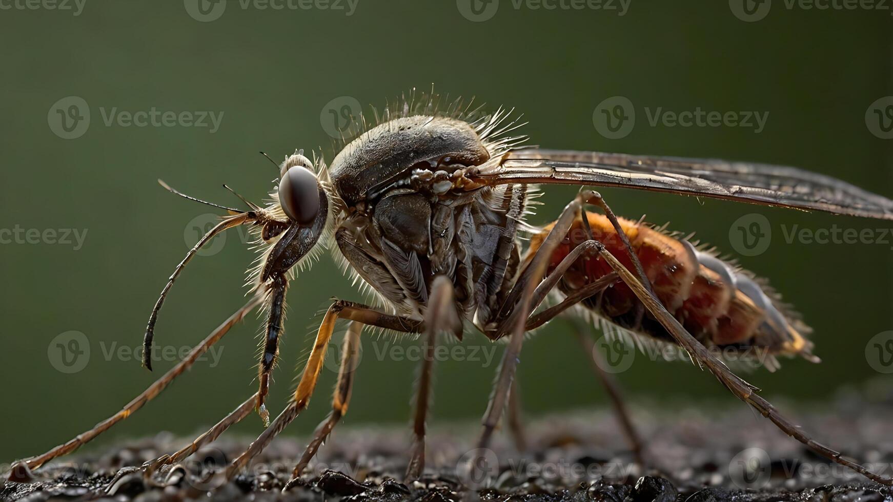 Macro photograph of a mosquito showing detailed anatomy in natural light setting. photo