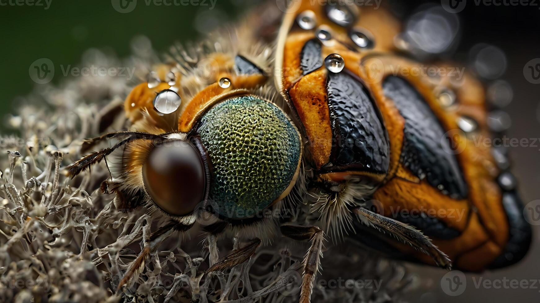 Macro photograph of a bee with water droplets on its body and intricate details photo
