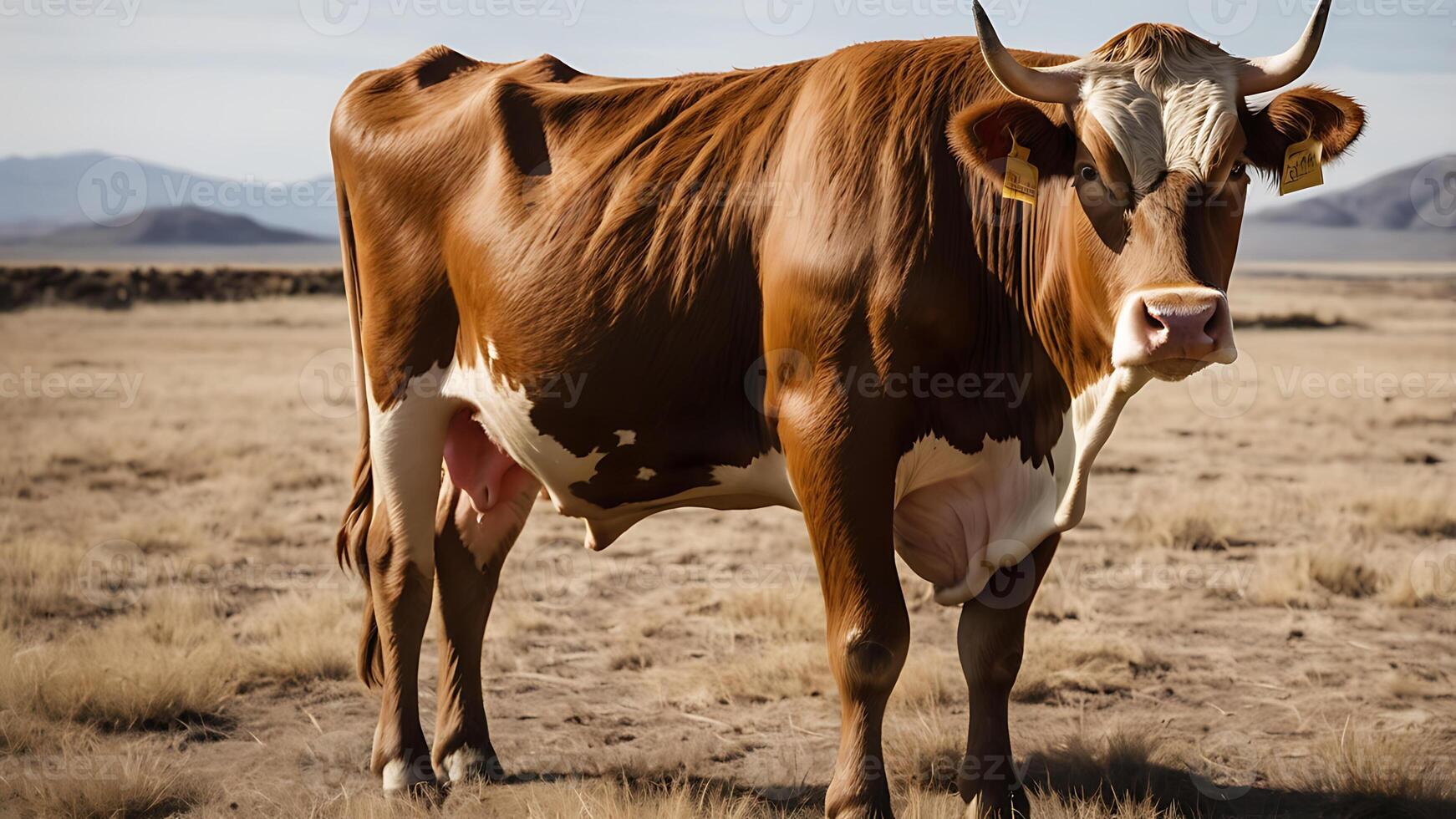 A majestic brown and white cow standing in a dry field on a sunny day. photo