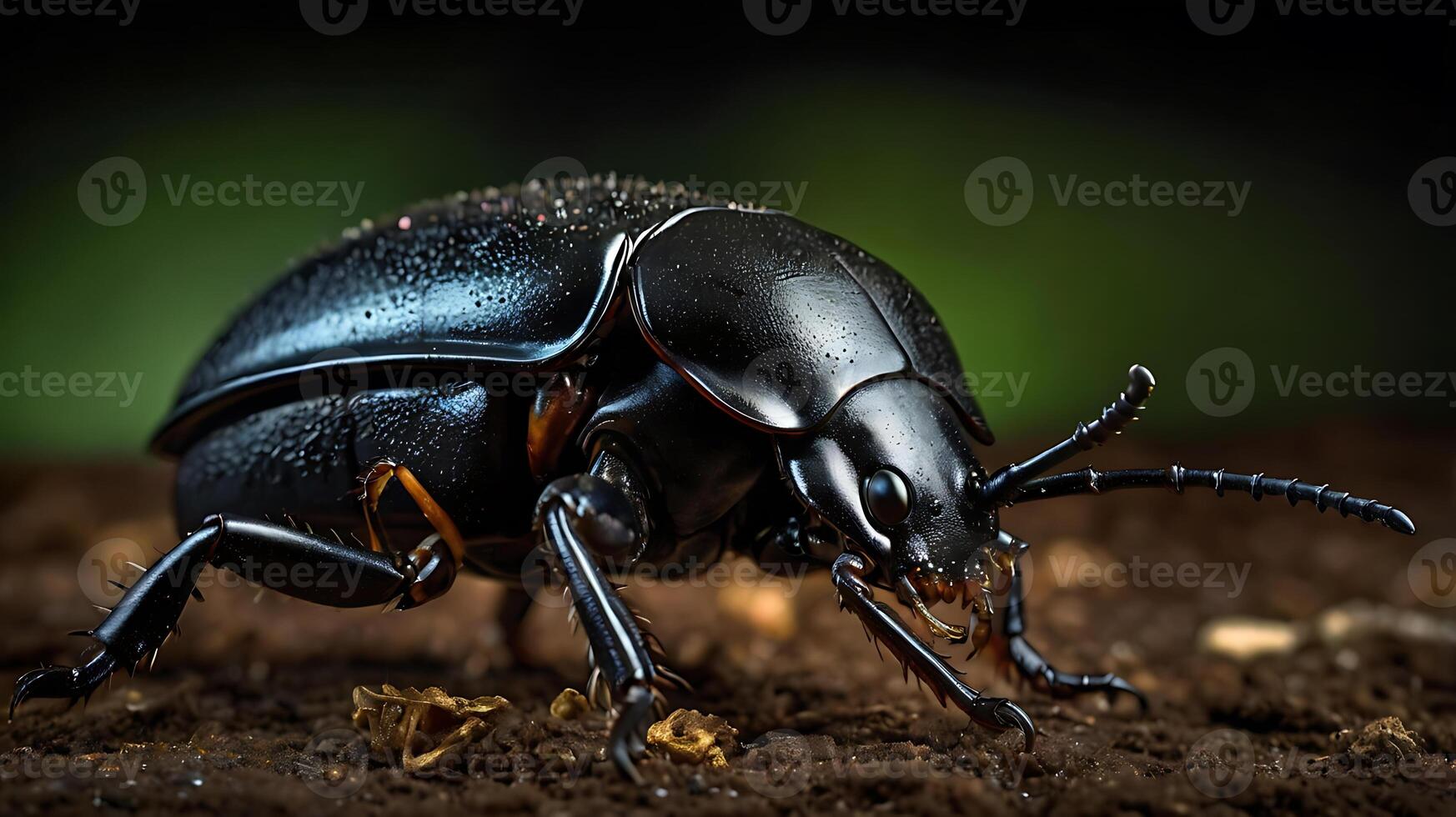 Macro shot of a shiny black beetle crawling on the ground with detail photo