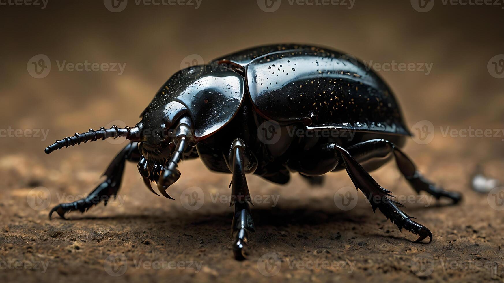 Macro shot of a shiny black beetle crawling on brown textured ground surface. photo