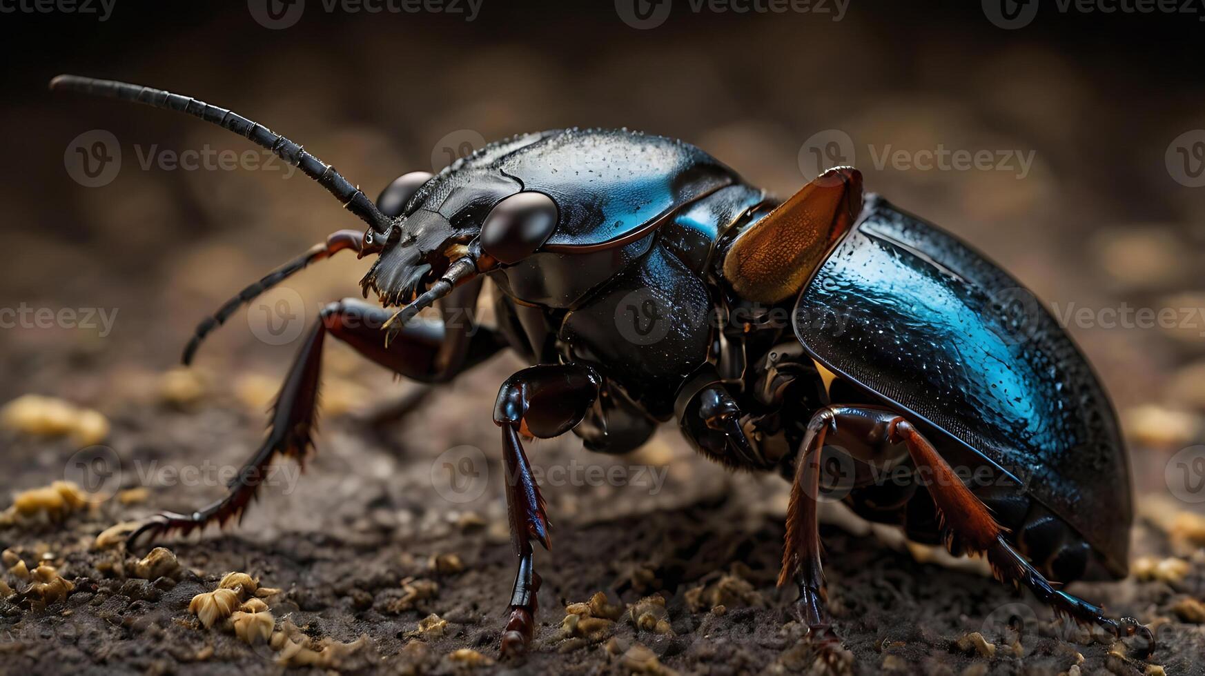 Macro shot of a shiny black beetle with iridescent blue highlights on natural ground photo